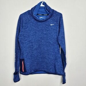 Nike Running Women's Pullover Sz L Blue Dri-Fit Therma Sphere Cowl Neck Pocket
